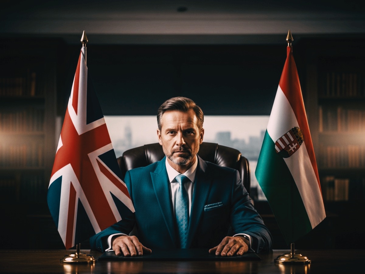 Geschäftsmann am Schreibtisch zwischen UK- und Ungarn-Flagge – Symbolbild für UK-Ungarn IP-Struktur