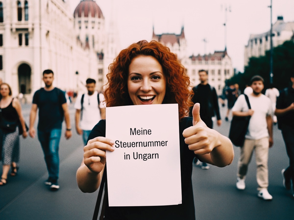 Frau hält Schild 'Meine Steuernummer in Ungarn' vor Budapester Parlament – Symbolbild für ungarische Steuernummer