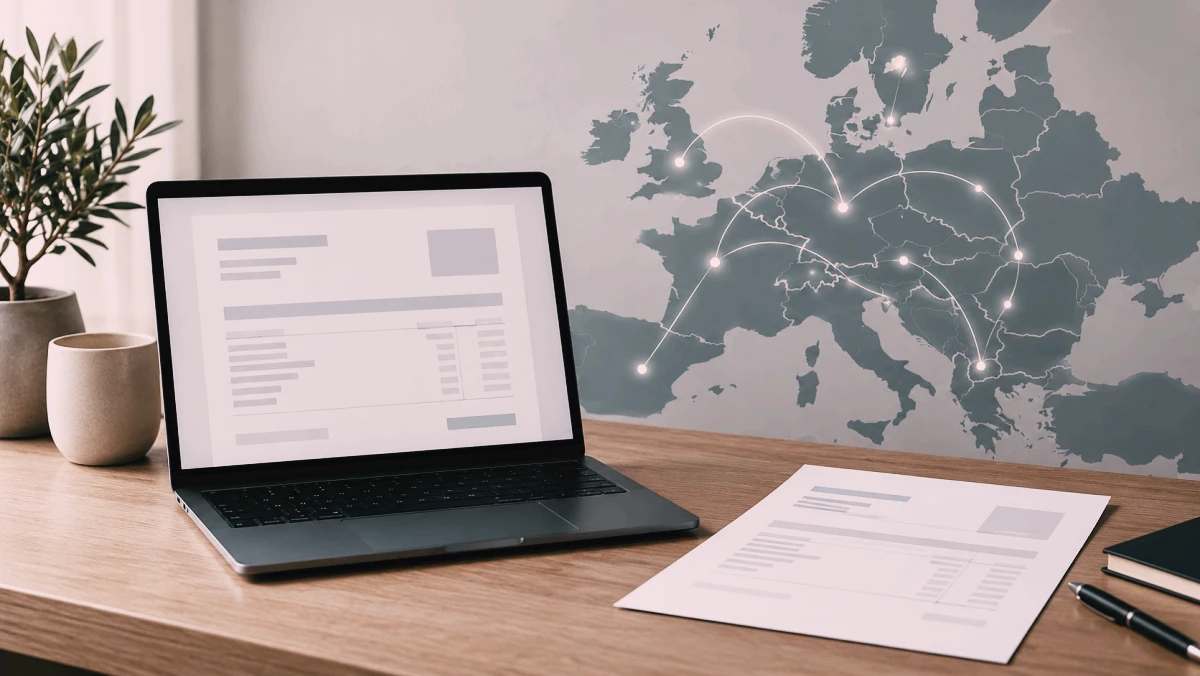 Laptop mit abstrakter Rechnung vor einer Europakarte mit Verbindungslinien